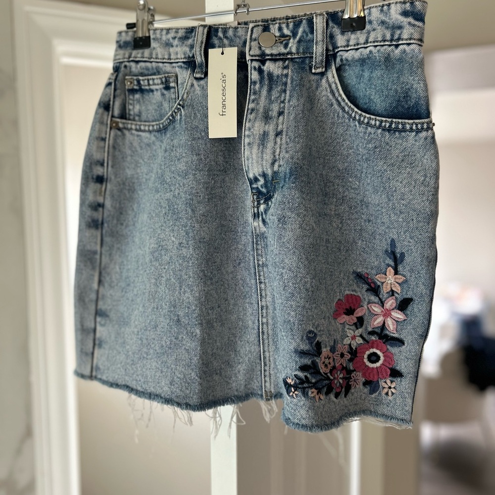 Francesca's Collections denim and Pink Embellished Mini Skirt NWT